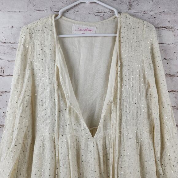 Sundress Neo Short Dress Sequins Tassel Size XS/S Cream Long Sleeve - Picture 6 of 14